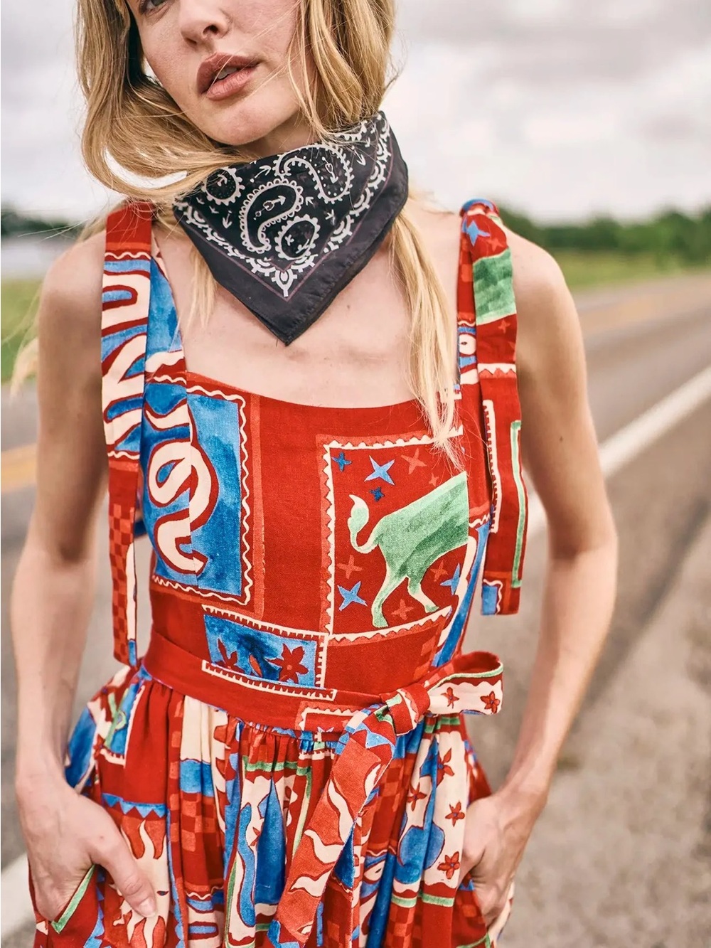 HUNTER BELL Red Multi Patchwork Print Midi Dress - Picture 2 of 6